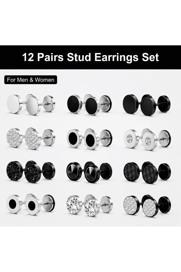 Fake Gauge Stud Earrings 12 Pairs, Stainless Steel Round Faux Gauges Piercings for Men Women