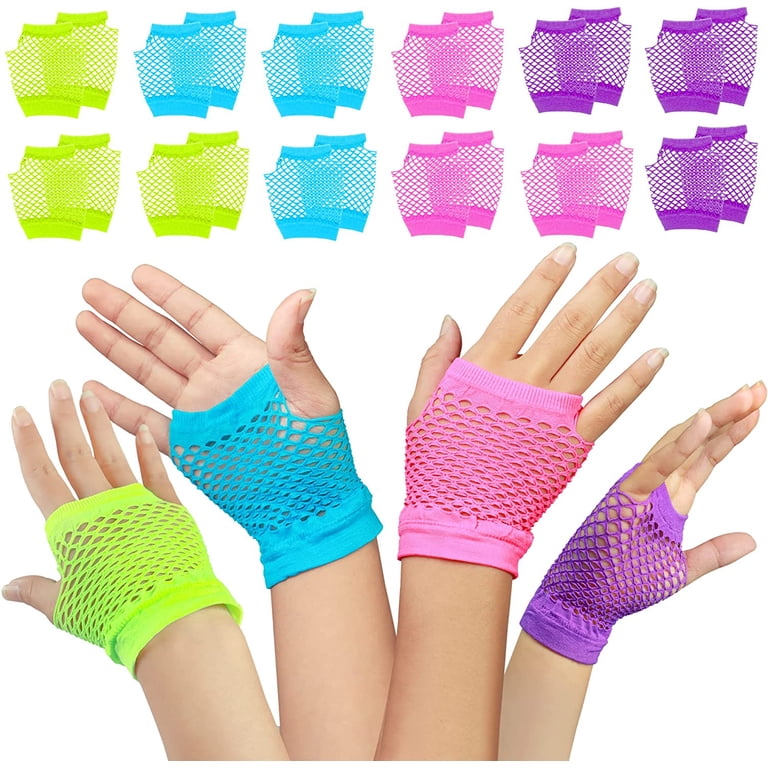 12 Pairs Neon Fishnet Gloves for 80s 90s Theme Parties, Raves