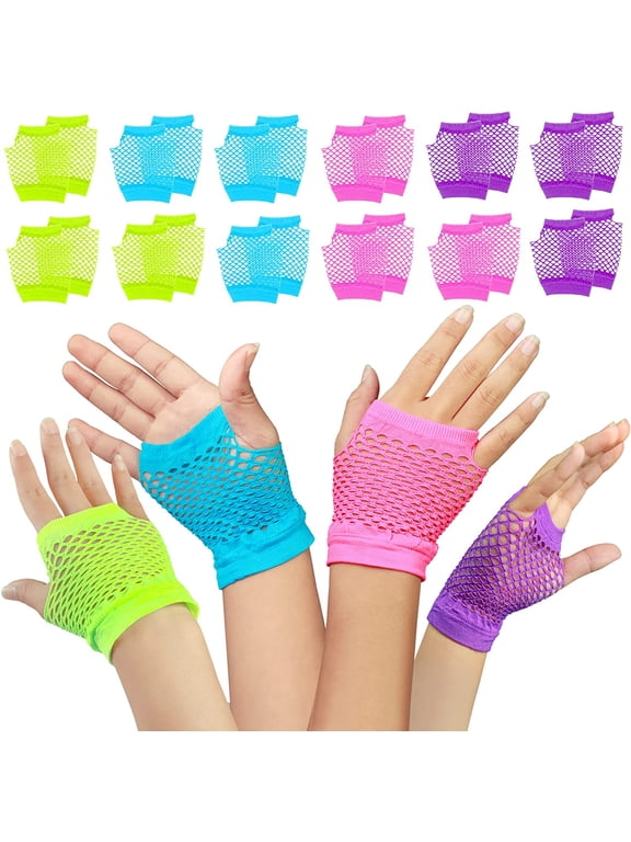 12 Pairs Fingerless Fishnet Neon Gloves - Perfect for 80s 90s Theme Parties, Raves, and Festivals - Vibrant Neon Wrist Gloves