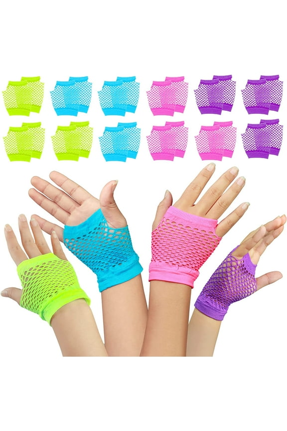 12 Pairs Fingerless Fishnet Neon Gloves - Perfect for 80s 90s Theme Parties, Raves, and Festivals - Vibrant Neon Wrist Gloves