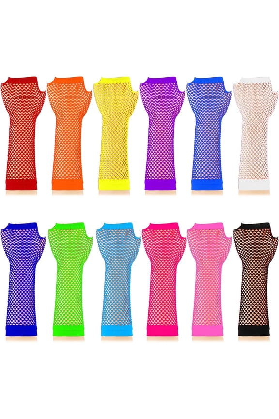 12 Pairs Fishnet Gloves Fingerless Neon Gloves for Women Men 80s Party Costume Accessories Supplies