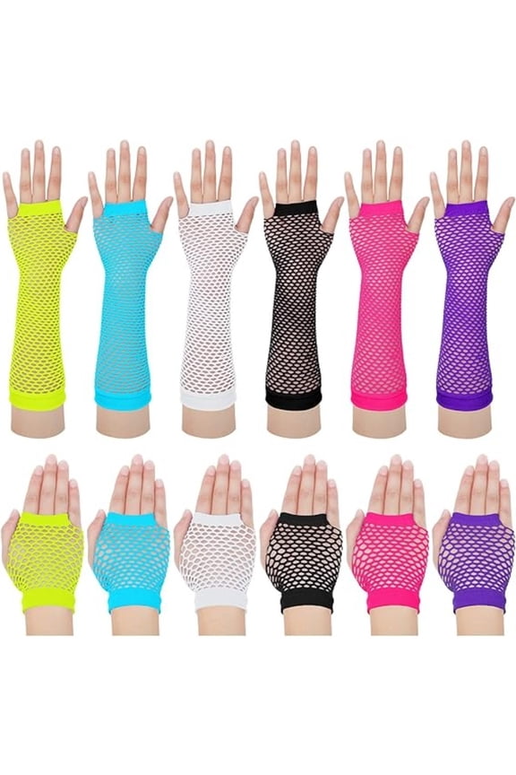 12 Pairs Fishnet Gloves for Women, 80s 90s Fingerless Mesh Gloves in 6 Neon Colors, Long & Short Set for Halloween Cosplay Party
