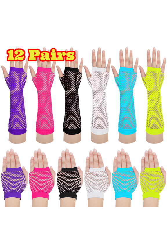 12 Pairs Fishnet Mesh Glove for Women, 80s 90s Neon Fingerless Long Short Gloves for Halloween Party Cosplay