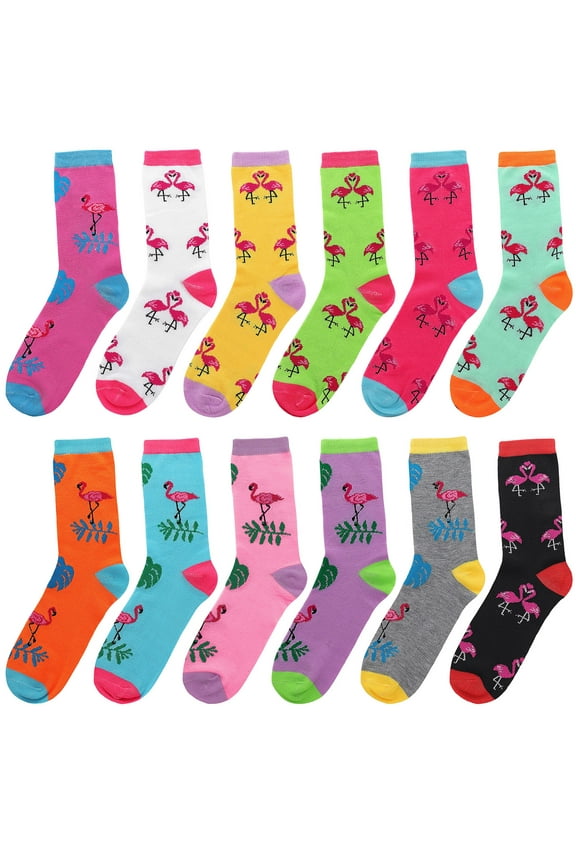 12 Pairs Flamingo Women's Crew Socks Fancy Novelty Designed Size 9-11 Multicolor Assorted