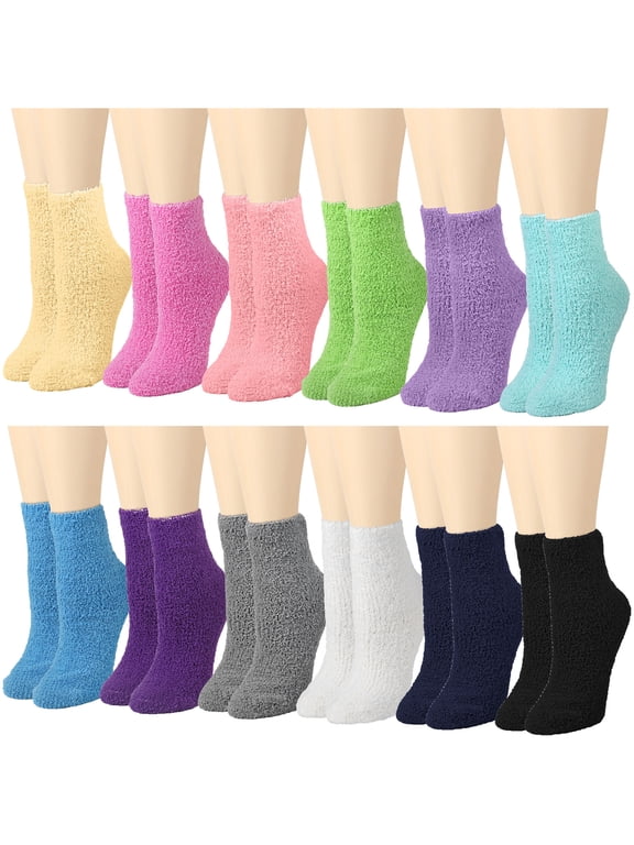 12 Pairs Fuzzy Socks Womens Girls Microfiber Cozy Soft Warm Fluffy Non-Skid Anti-Slip Gripper Bottom Slipper Socks for Home Hospital and Travel Solid Color