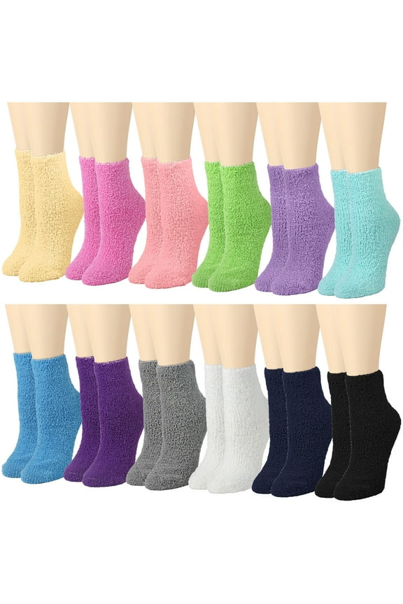 12 Pairs Fuzzy Socks Womens Girls Microfiber Cozy Soft Warm Fluffy Non-Skid Anti-Slip Gripper Bottom Slipper Socks for Home Hospital and Travel Solid Color