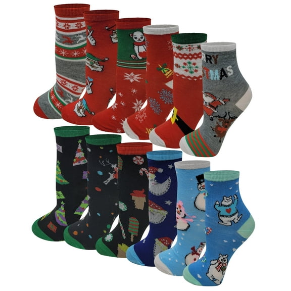 12 Pairs Girls Boys Kids Christmas Novelty Crew Socks