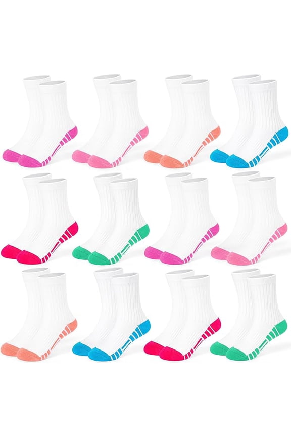 12 Pairs Girls Crew Socks, Kids Athletic Socks for Toddler Girls (1-14 Years) Calf Cotton Sock School Running Sports