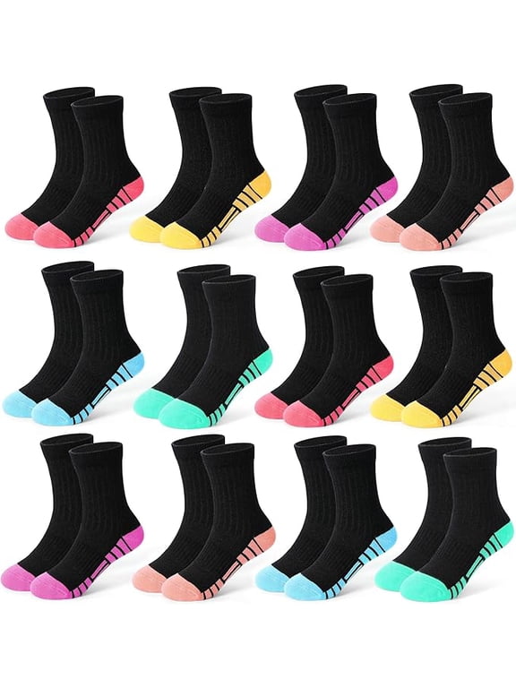 12 Pairs Girls Crew Socks, Kids Athletic Socks for Toddler Girls (1-14 Years) Calf Cotton Sock School Running Sports
