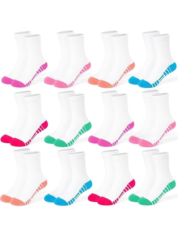 12 Pairs Girls Crew Socks, Kids Athletic Socks for Toddler Girls (1-14 Years) Calf Cotton Sock School Running Sports