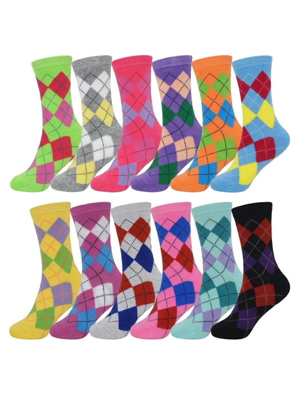 12-Pairs Glory Max Women's Assorted Colors Argyle Design Casual Cotton Crew Socks Size 9-11