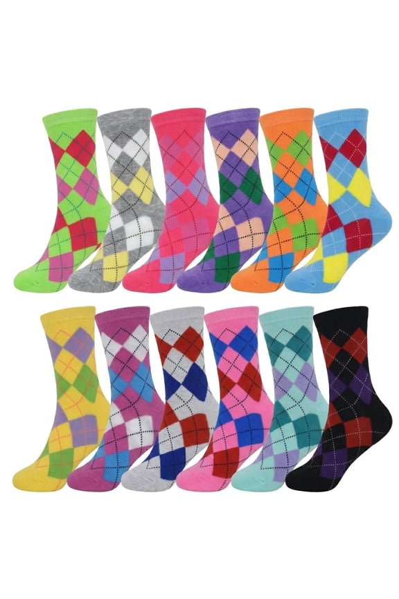 12-Pairs Glory Max Women's Assorted Colors Argyle Design Casual Cotton Crew Socks Size 9-11