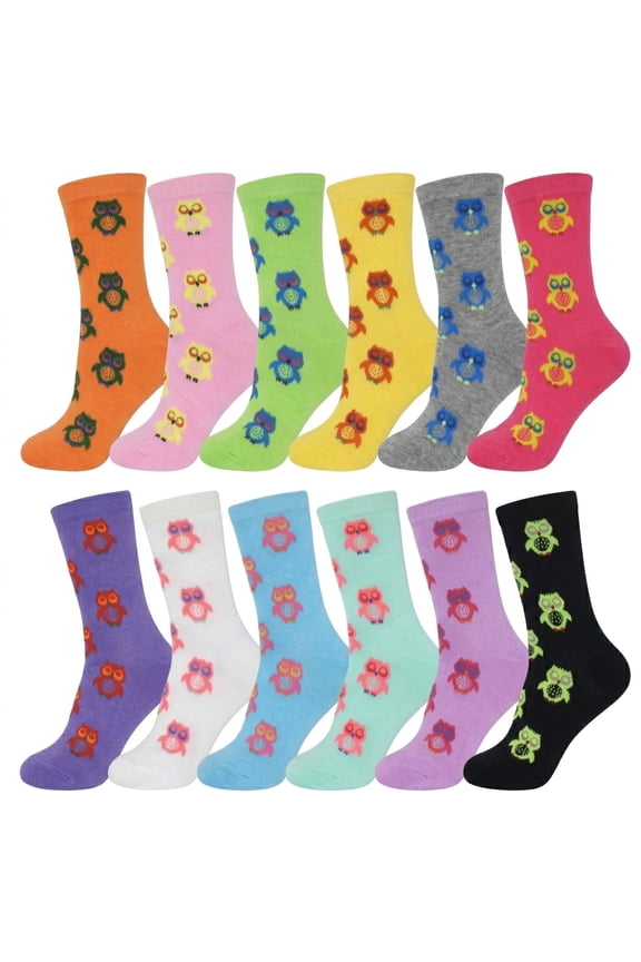 12-Pairs Glory Max Women's Assorted Colors Owl Design Casual Cotton Crew Socks Size 9-11