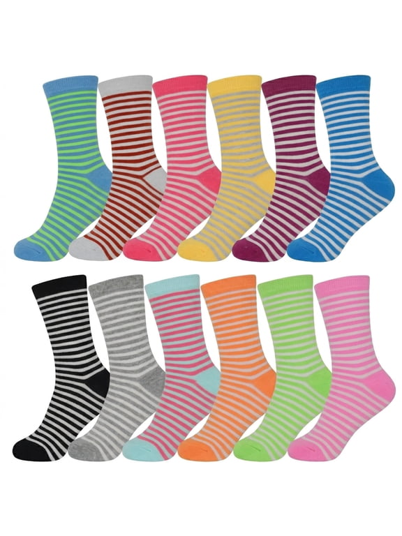 12-Pairs Glory Max Women's Assorted Colors Stripes Design Casual Cotton Crew Socks Size 9-11