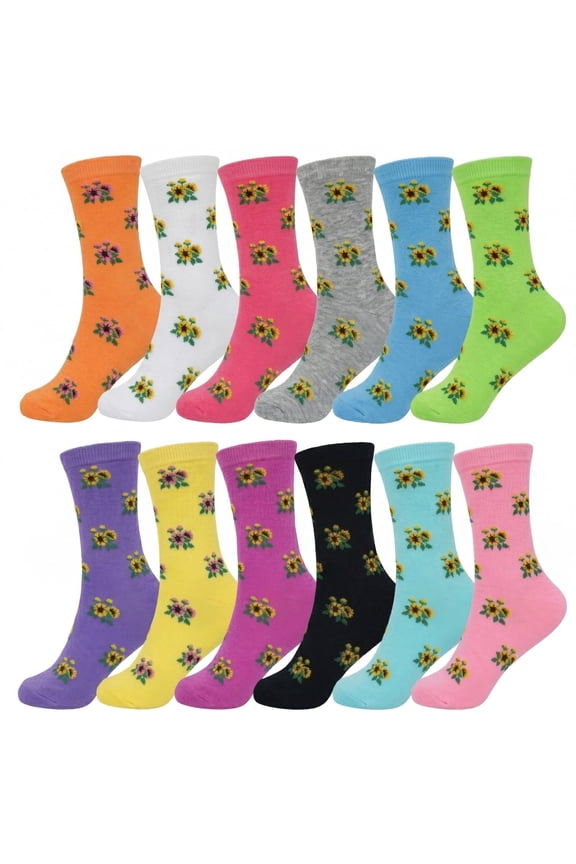 12-Pairs Glory Max Women's Assorted Colors Sun Flowers Design Casual Cotton Crew Socks Size 9-11