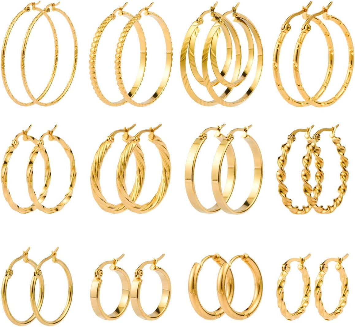 12 Pairs Gold Hoop Earrings Set Stainless Steel Twisted Round Small
