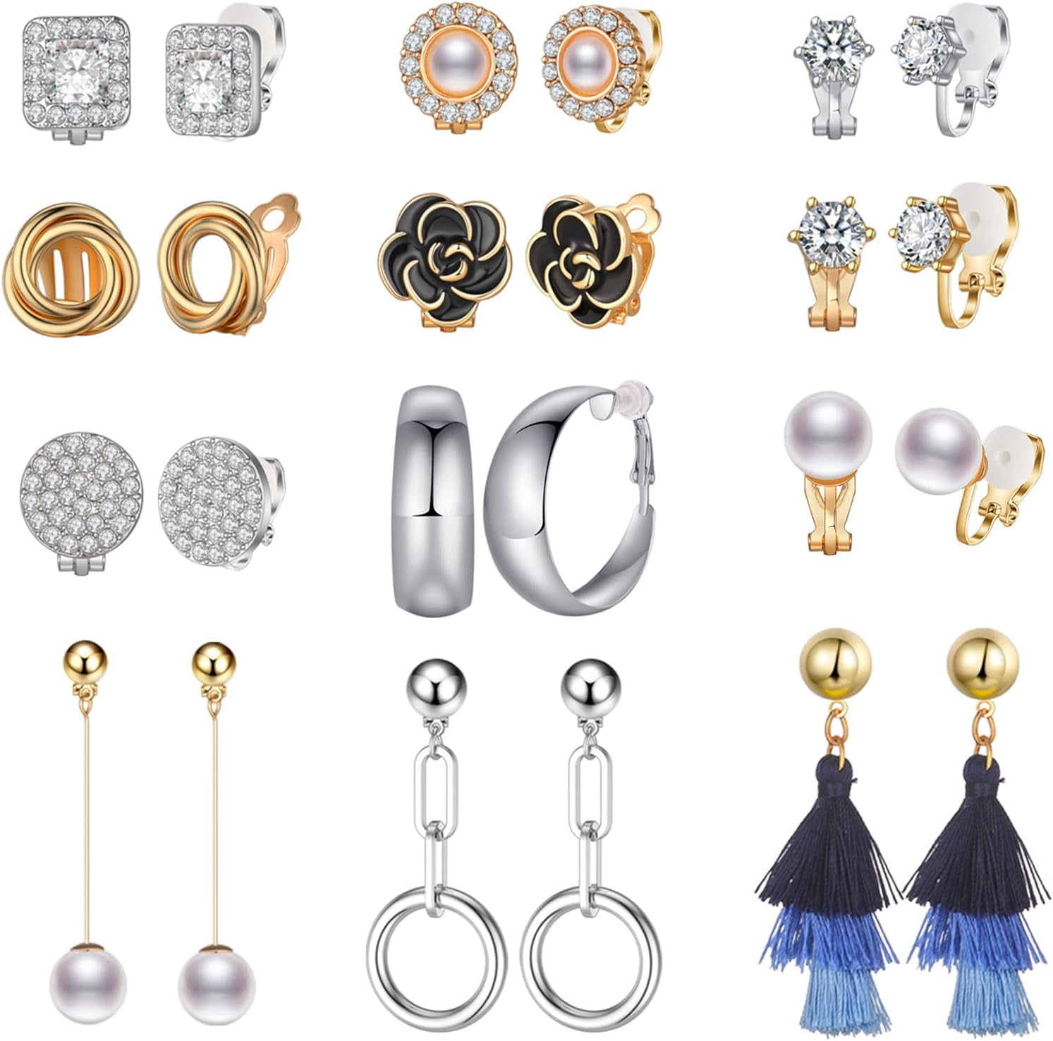 12 Pairs Gold/Silver Clip on Earrings for Women Fashion Non Piercing