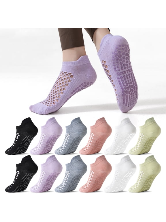 12 Pairs Grip Pilates Socks For Women Non-slip Yoga Socks For Ballet Barefoot Workout Hospital Hole Mesh Breathable Invisible Ankle Socks