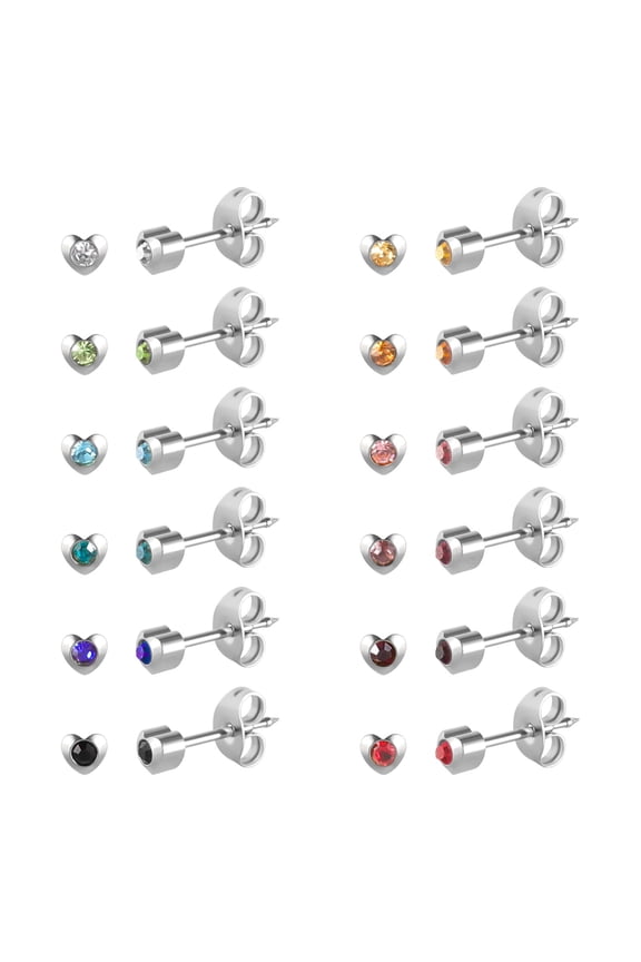 12 Pairs Heart/Star/Round Ear Piercing Stud Earrings, Surgical Stainless Steel Multicolor Cubic Zirconia Birthstone Stud Earrings for Ear Piercing Guns