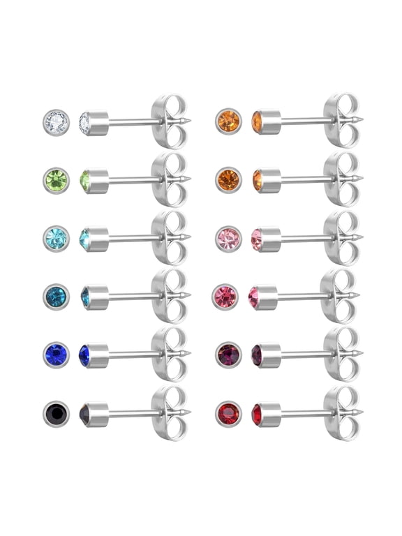 12 Pairs Heart/Star/Round Ear Piercing Stud Earrings, Surgical Stainless Steel Multicolor Cubic Zirconia Birthstone Stud Earrings for Ear Piercing Guns