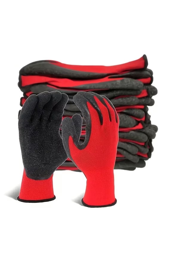 12 Pairs Heavy Duty Latex Work Gloves - Non-Slip Grip for Construction, Gardening, Painting, and Automotive Tasks