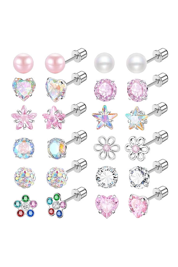 12 Pairs Hypoallergenic Small Stud Earrings, Tiny CZ Inlaid Surgical Stainless Steel Cartilage Studs with Screw Back for Women & Teens