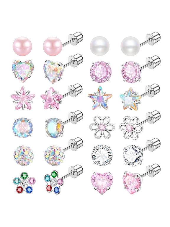 12 Pairs Hypoallergenic Small Stud Earrings, Tiny CZ Inlaid Surgical Stainless Steel Cartilage Studs with Screw Back for Women & Teens