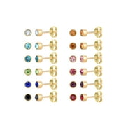 JUSTJANDM 12 Pairs IP Gold Stainless Steel Stud Earrings,Birthstone colourful Crystal Earring Sets for Women and Girls with Size 3mm 4mm 5mm