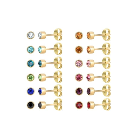 12 Pairs IP Gold Stainless Steel Stud Earrings,Birthstone colourful Crystal Earring Sets for Women with Size 3mm 4mm 5mm