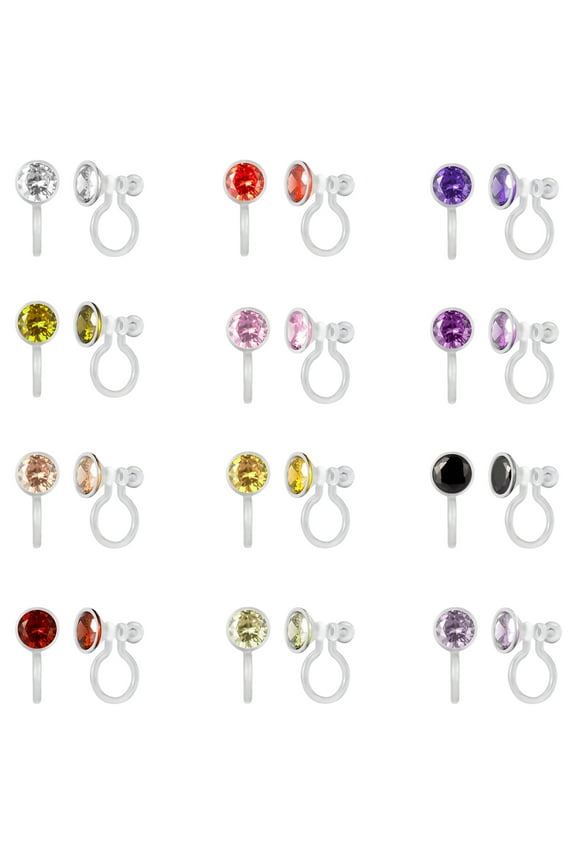 12 Pairs Invisible Plastic Clip On Earrings for Sensitive Ears, Cubic Zirconia Birthstone Stud Earrings Set for Non Pierced Ears Women