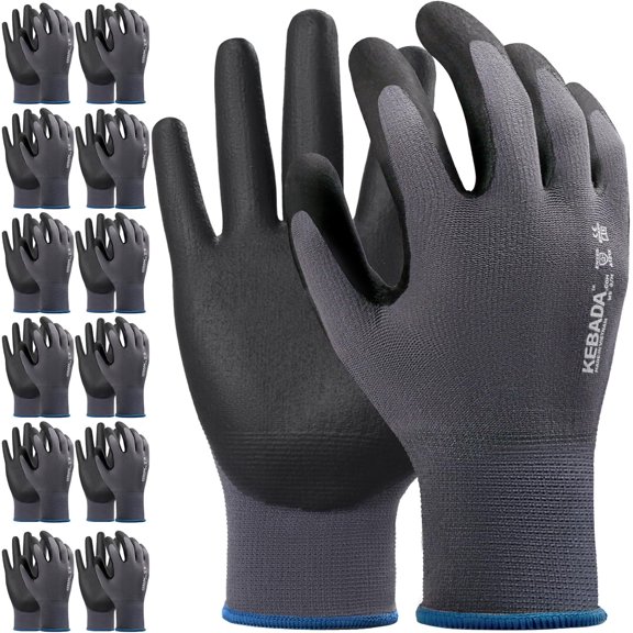 12 Pairs KEBADA Nitrile Coated Work Gloves, Abrasion-Resistant, Grip Gloves for Gardening, Warehouse, Mechanics, and Light Construction, Medium