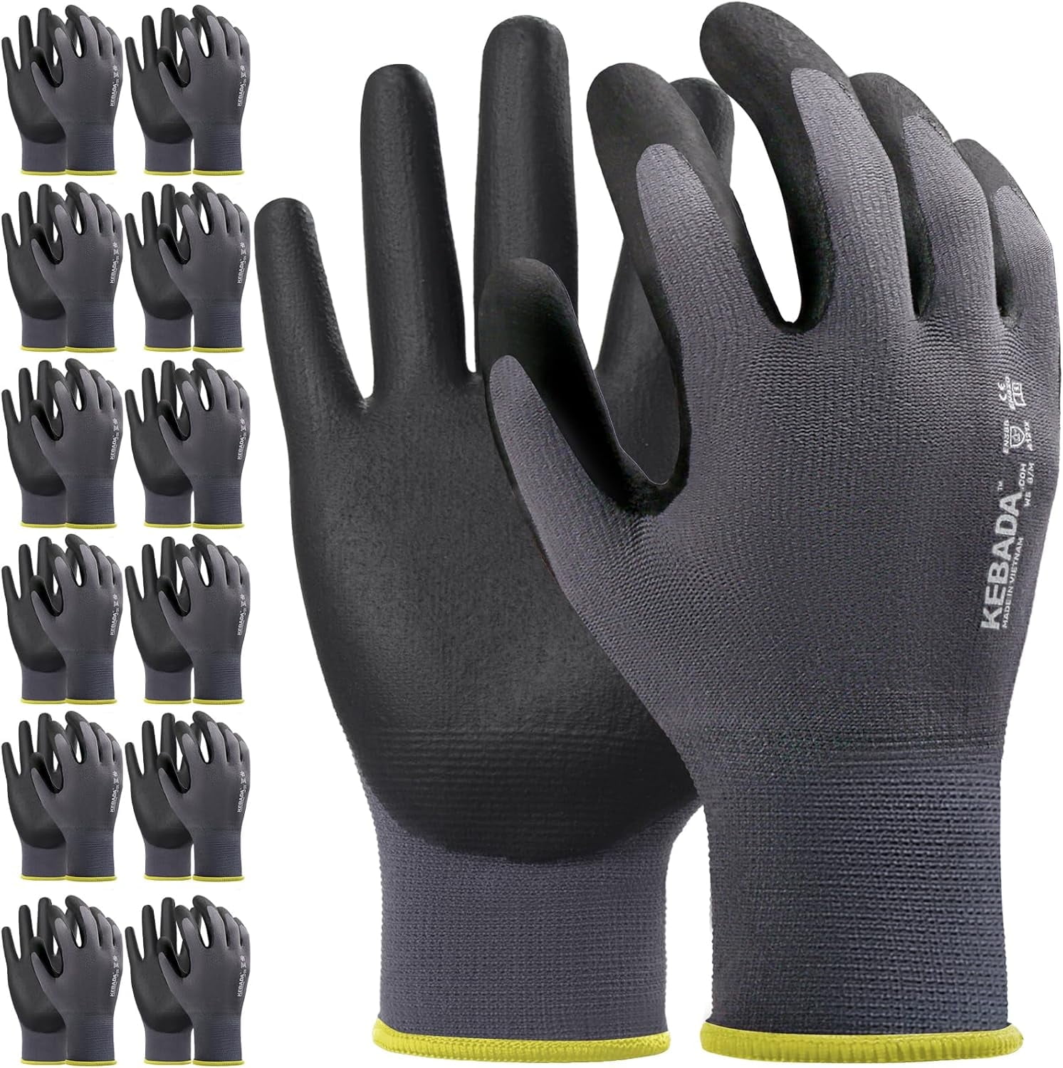 12 Pairs KEBADA Nitrile Coated Work Gloves, Abrasion-Resistant, Grip Gloves for Gardening, Warehouse, Mechanics, and Light Construction, X-Small