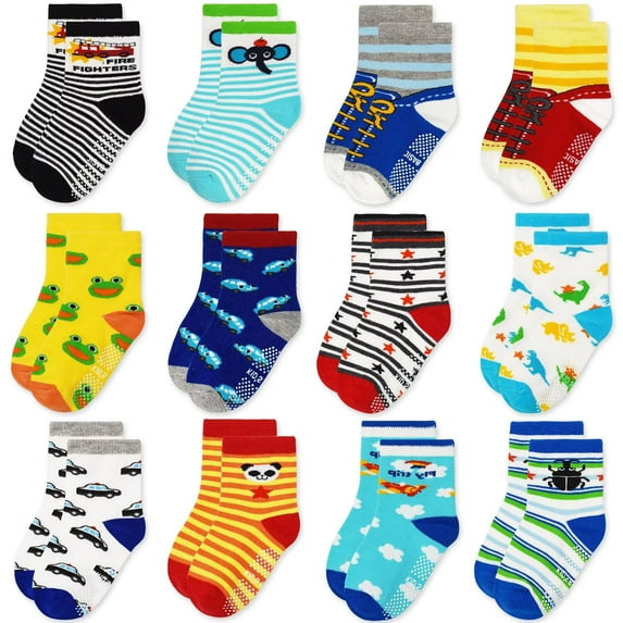 Tphon Toddler Non Slip Socks 12 Pairs Anti Skid Kids Socks Cute Grips Socks for 1-7 Years Boys Girls