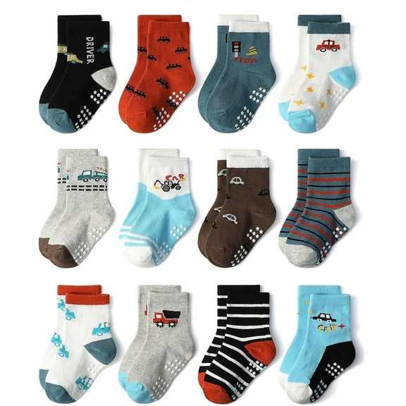 Baby Non Slip Grip Crew Socks 12 Pairs with Non Skid Soles for Infants Toddlers Kids Boys Girls