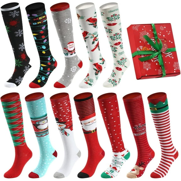 12 Pairs Knee High Christmas Socks for Women & Men - Festive Holiday Designs, Warm & Cozy Winter Wear