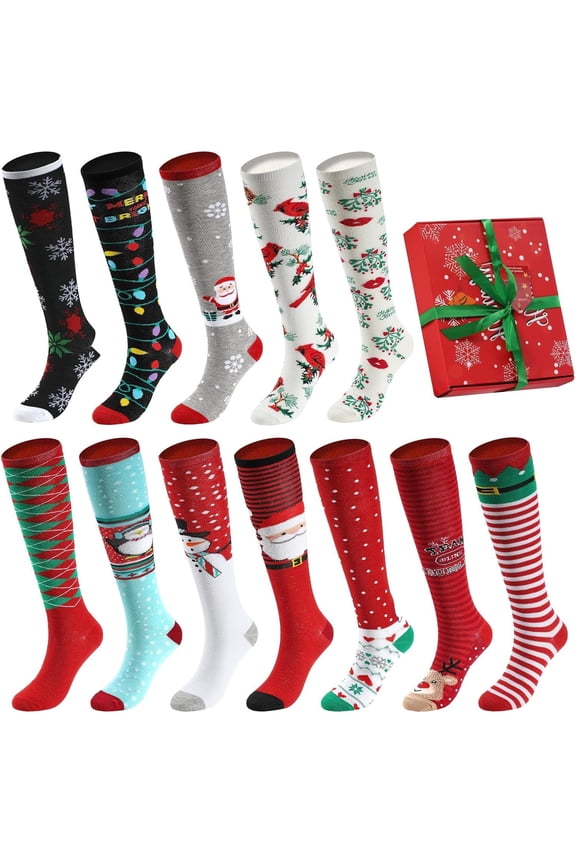 12 Pairs Knee High Christmas Socks for Women & Men - Festive Holiday Designs, Warm & Cozy Winter Wear
