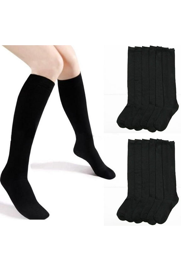 12 Pairs Knee High Uniform School Soccer Socks Women Girl Black Size 9-11 XL Lot