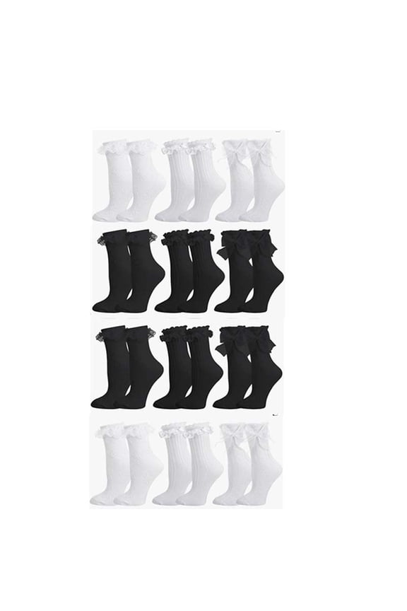 12 Pairs Lace Ruffle Crew Socks for Women,Cotton Cute Princess Ankle Dress Lace Socks for Women