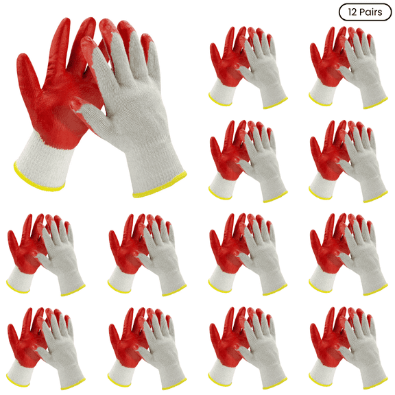 12 Pairs Latex-Coated Work Gloves with Breathable Knit Shell, Non-Slip Grip, Durable Palm, Flexible Fit, and Elastic Wrist for Construction, Gardening, Warehouse, Maintenance, and General Labor
