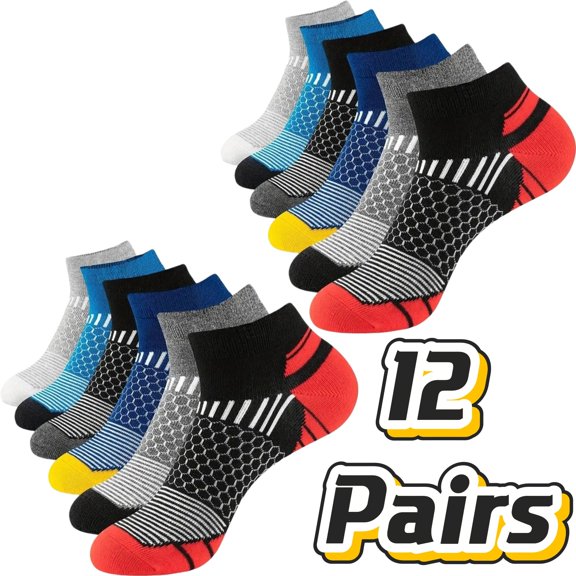 12 Pairs Light Compression Socks for Men Arch Support Athletic Cushioned Anti-Blister Comfort Running Ankle Socks