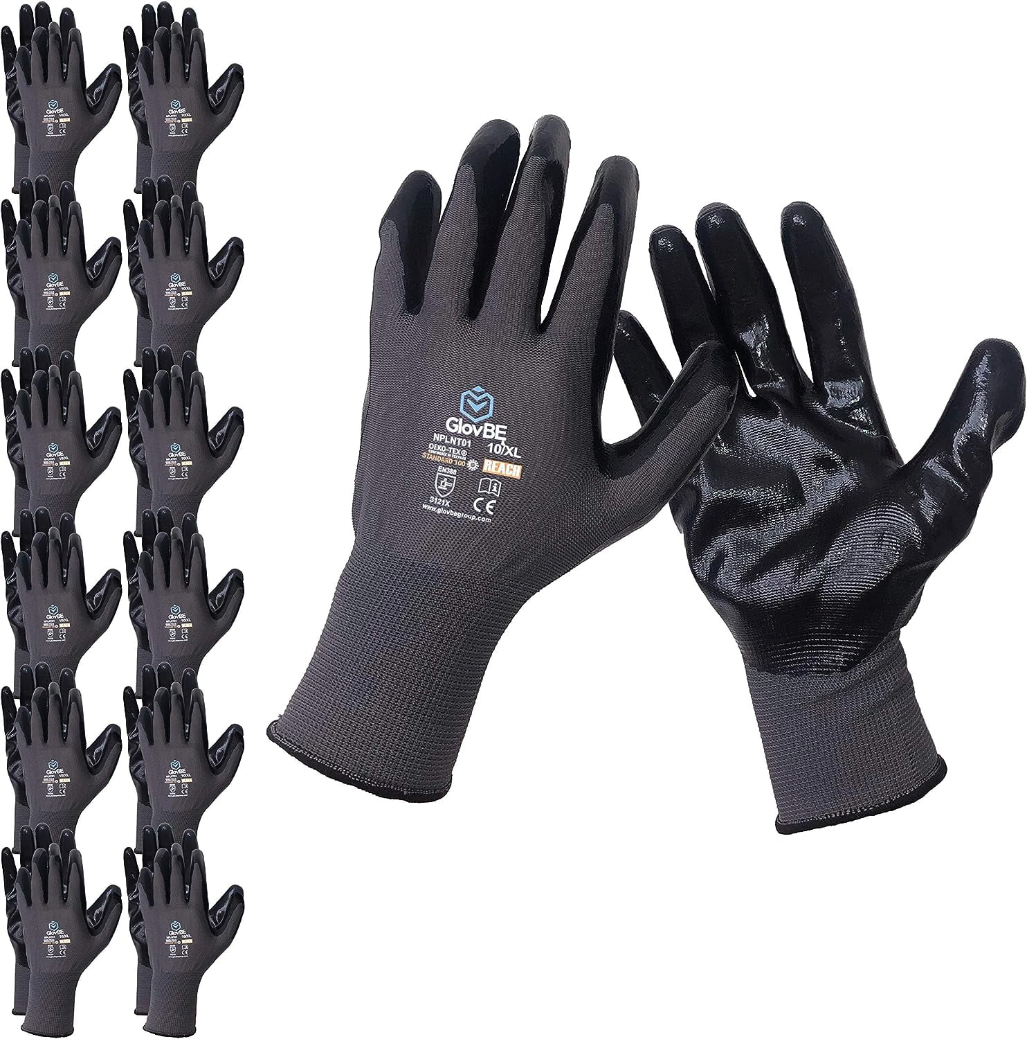 12 Pairs Mechanic Work Gloves, Oil  Gas Resistant Nitrile Coating, Grey  (Medium)