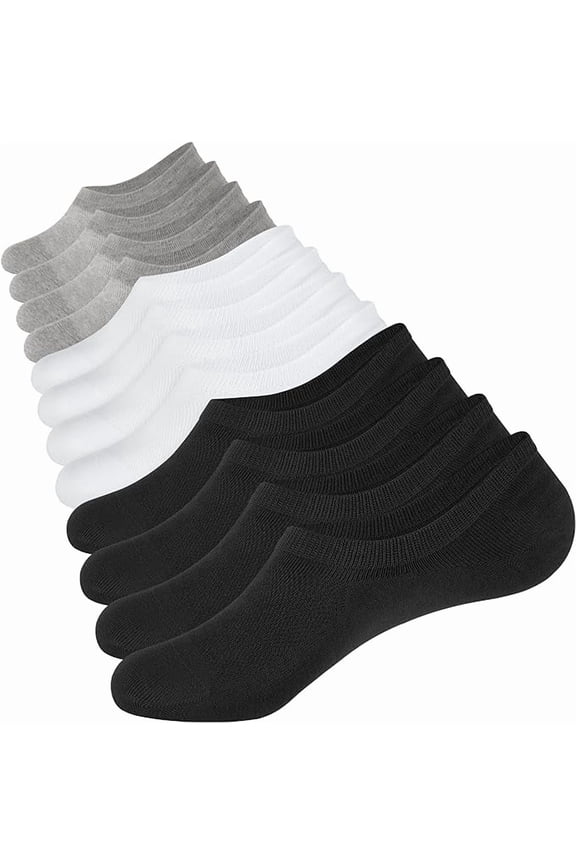 12 Pairs Men's Active Cotton No Show Socks " With Non-Slip Grips,Invisible " Mix-Color (Black/White/Gray)