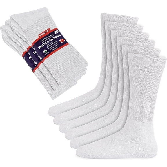 12 Pairs Men's Cotton Diabetic White CREW SOCKS  "circulatory Health "  (Socks Size 13-15 Fit Shoe Size 12-14)