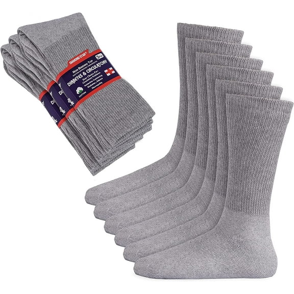12 Pairs Men's Diabetic GRAY Crew Socks "Cotton & Circulatory Health " Fit Shoe Size 6-12 (Socks Size 10-13)
