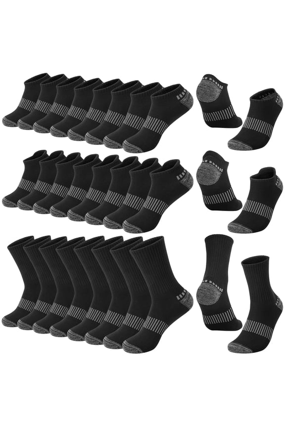 12 Pairs Cushioned Mens Socks, 3 Styles No Show, Ankle and Crew Socks Breathable Arch Support Mens Socks Size 10 13
