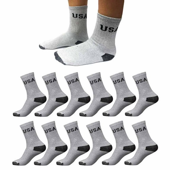 12 Pairs Mens Crew USA Socks Sports Athletic Cushioned Soccer 9-11 Cotton Grey