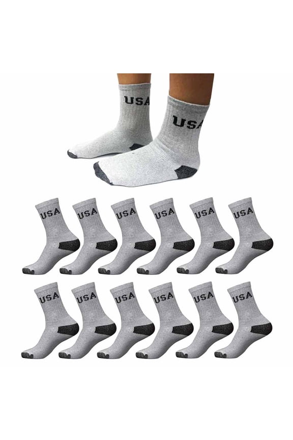 12 Pairs Mens Crew USA Socks Sports Athletic Cushioned Soccer 9-11 Cotton Grey