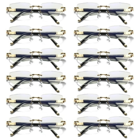 12 Pairs Mens Diamond Shape Rimless Blue Light Blocking Reading Glasses Metal Readers +1.50