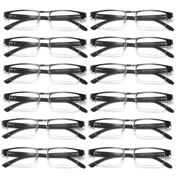 12 Pairs Mens Rectangular Metal Half Frame Reading Glasses Spring Hinge Black Readers 0.75