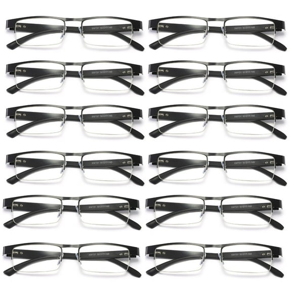 12 Pairs Mens Rectangular Metal Half Frame Reading Glasses Spring Hinge Black Readers +1.50